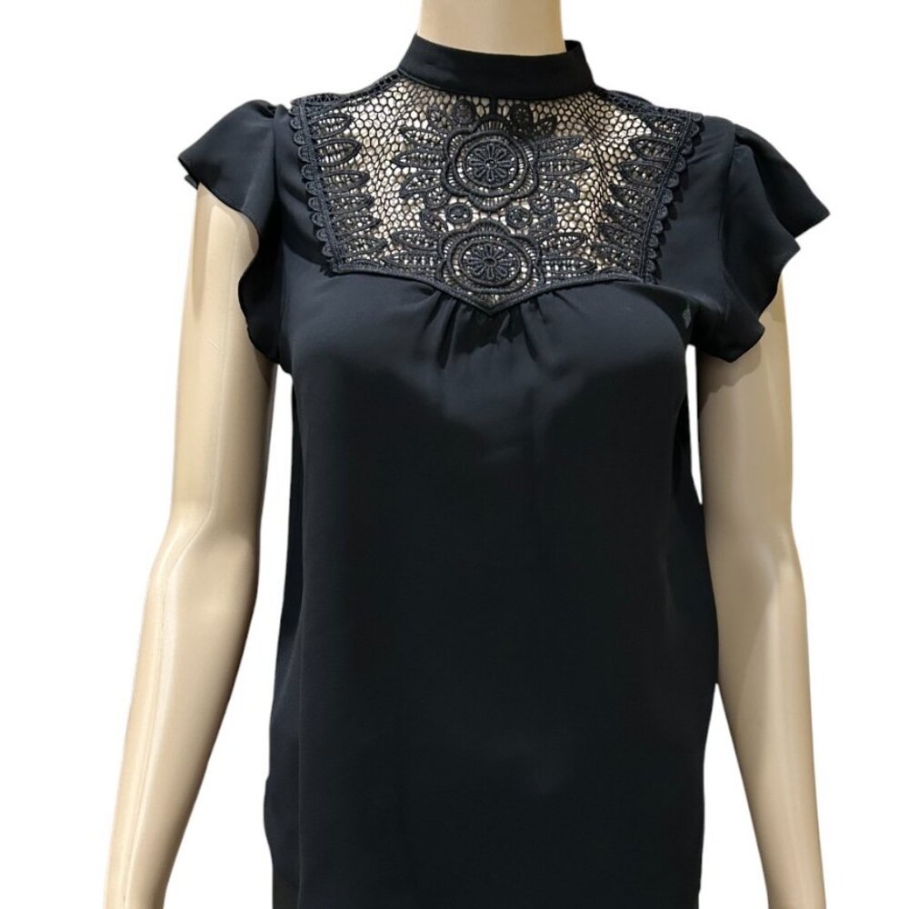 EXPRESS BLACK RUFFLE SHORT FLUTTER SLEEVE LACE NECK PARTY TOP BLOUSE XS NWOT